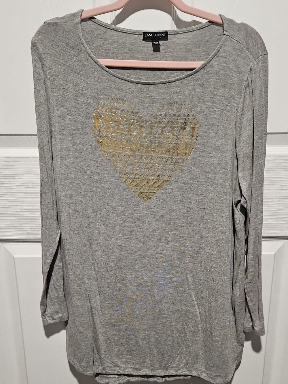 Lane Bryant Gray Long-Sleeve Tee with Gold Heart 14/16